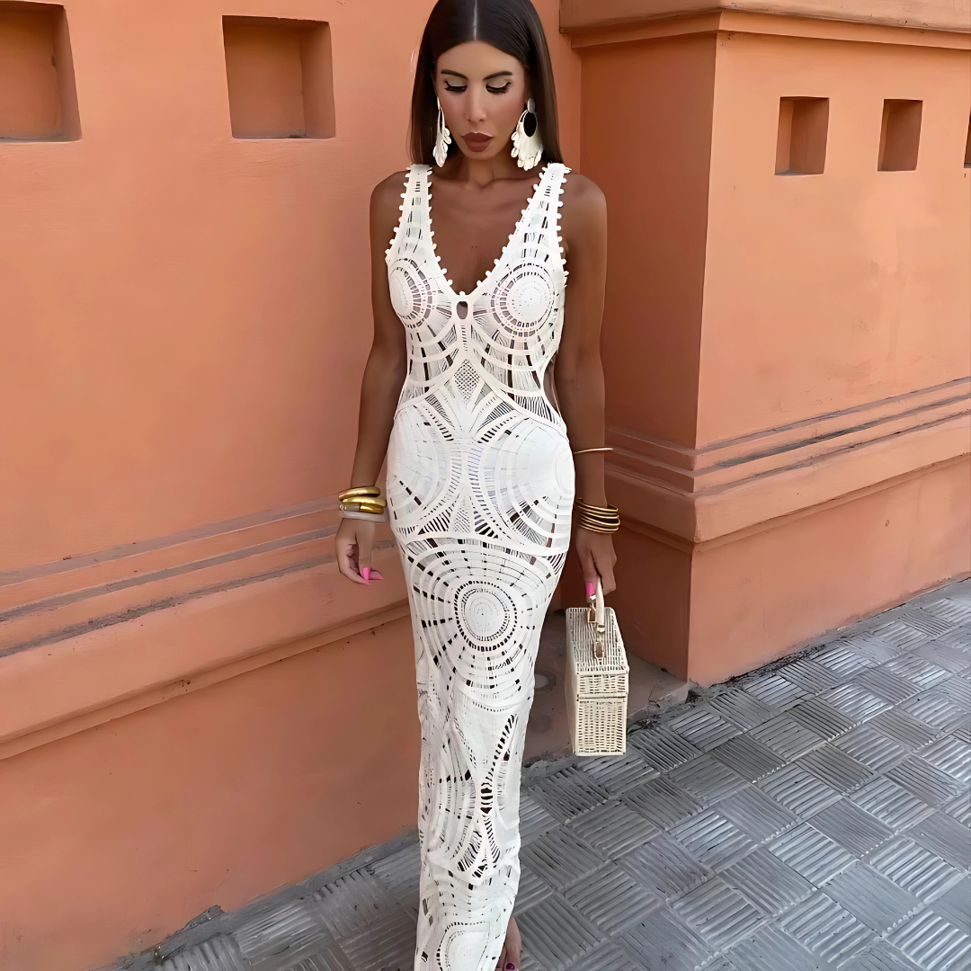 Full length front view of the white Kalliope sleeveless crochet lace maxi dress