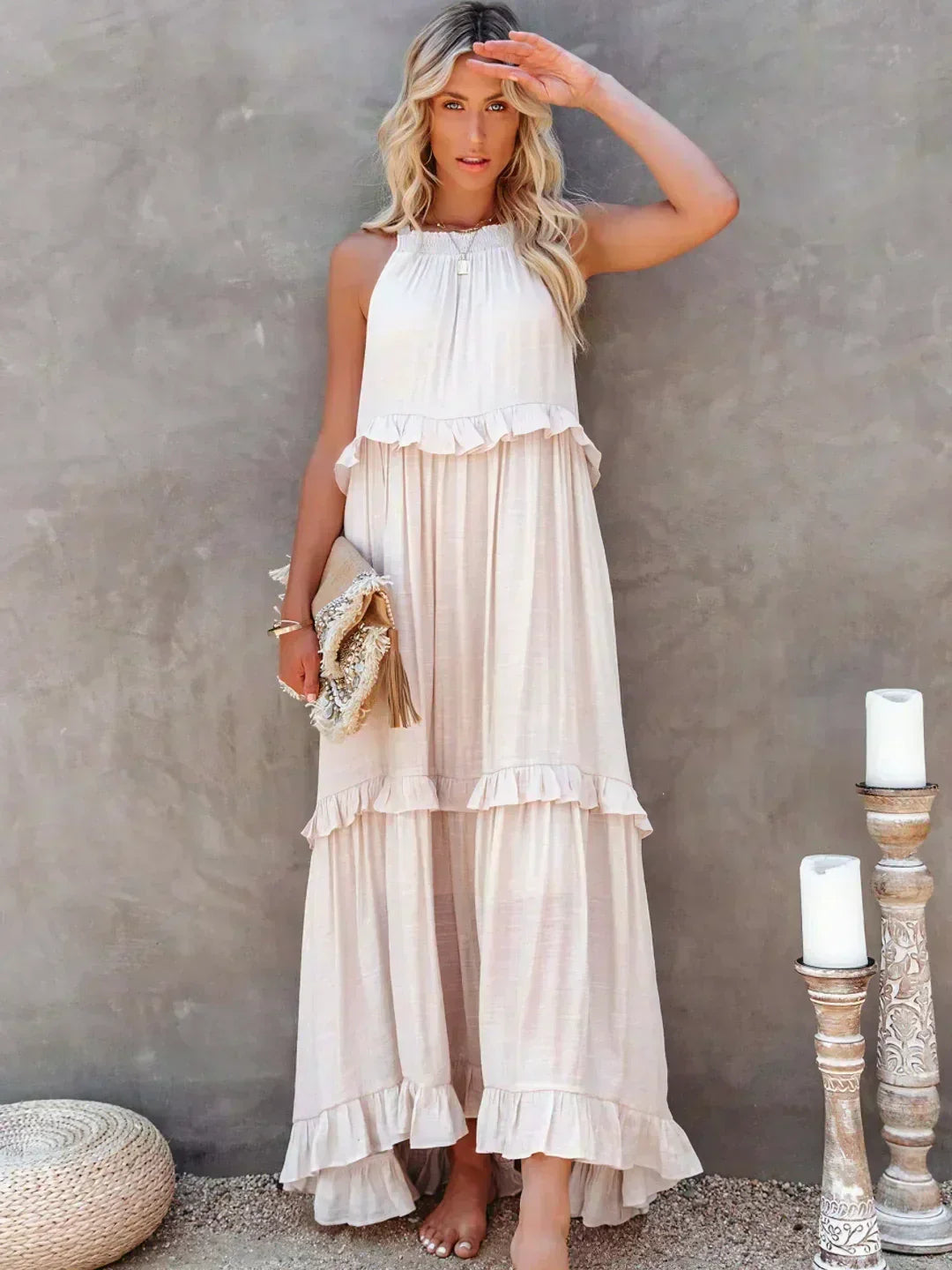 Kiersten women's sleeveless maxi dress in beige, tiered ruffle skirt front view