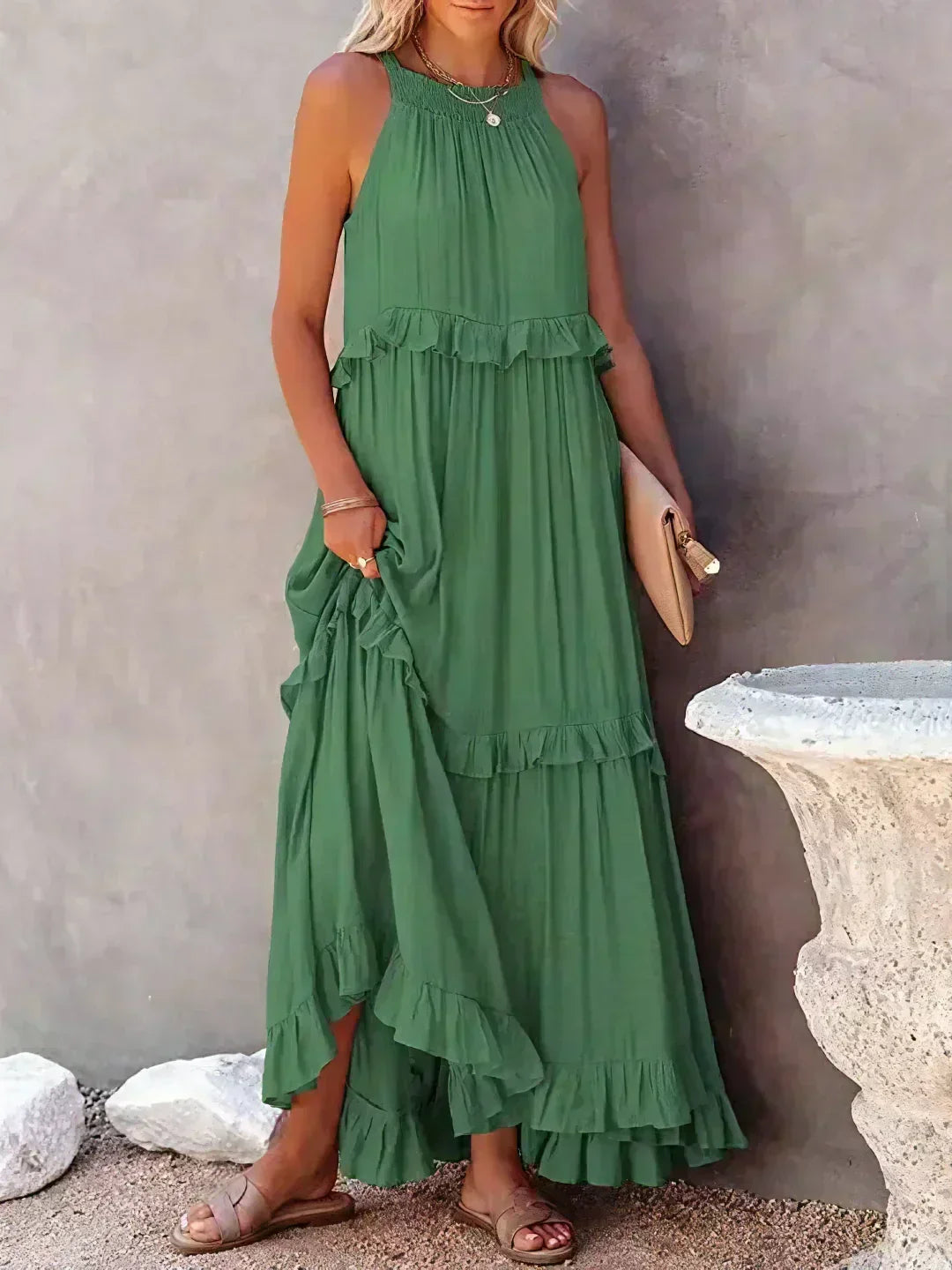 Kiersten women's sleeveless maxi dress in green, front view with side pockets