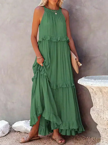 Kiersten women's sleeveless maxi dress in green, front view with side pockets