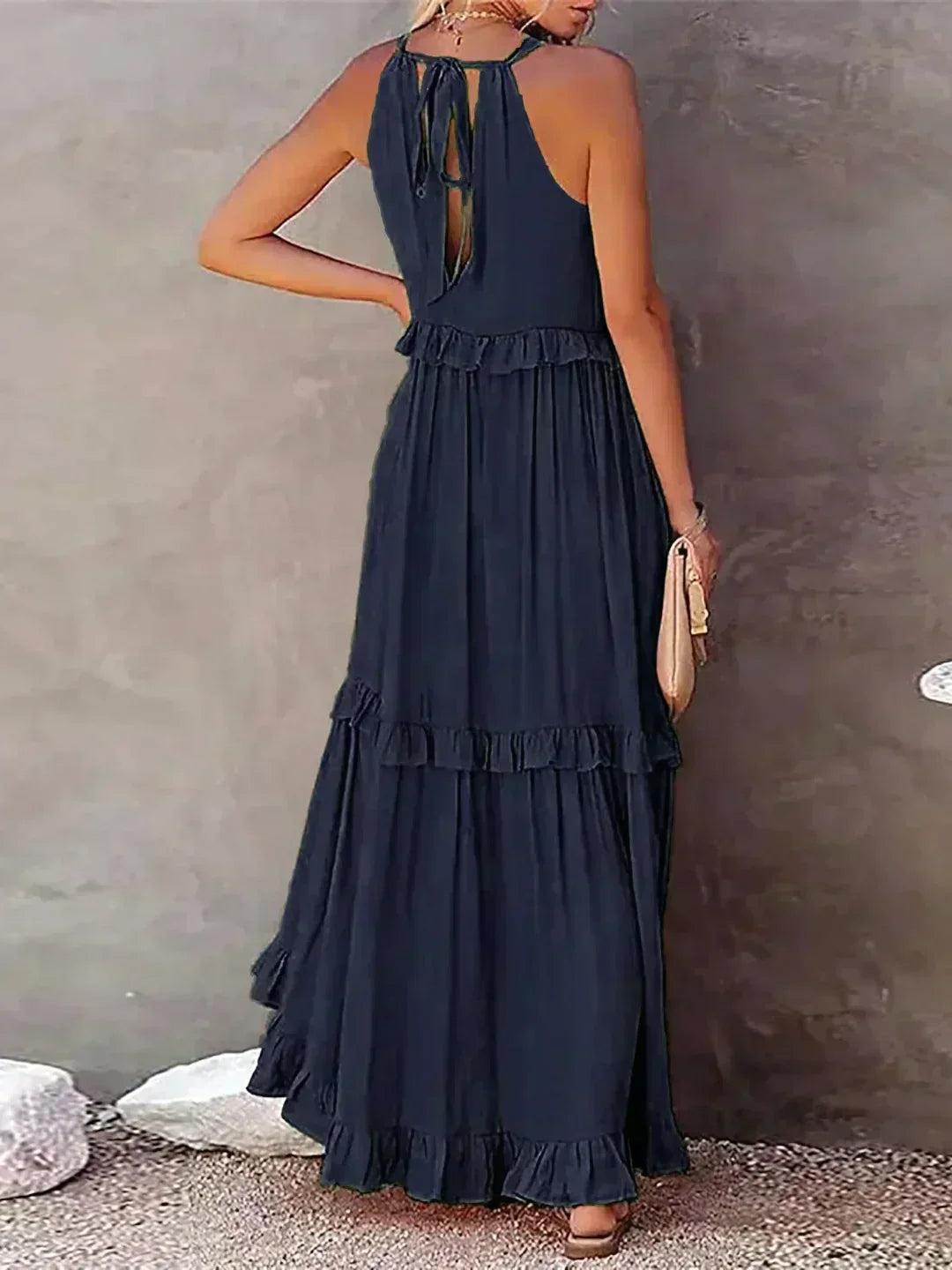 Back view of the marine blue Kiersten maxi dress with keyhole tie back detail