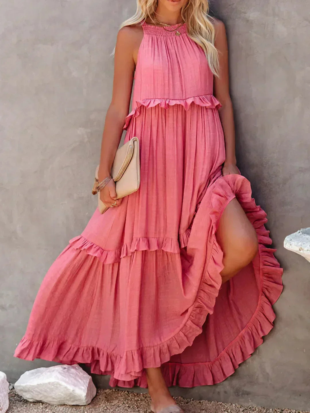Kiersten women's sleeveless maxi dress in pink, front view of the tiered ruffle skirt