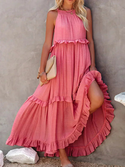 Kiersten women's sleeveless maxi dress in pink, front view of the tiered ruffle skirt