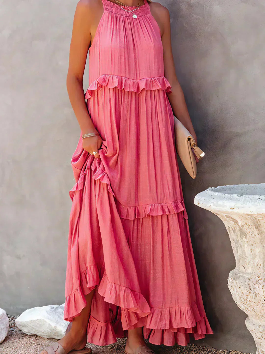 Pink Kiersten sleeveless maxi dress front view showing the halter neckline and pockets