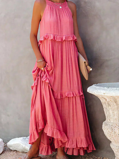 Pink Kiersten sleeveless maxi dress front view showing the halter neckline and pockets