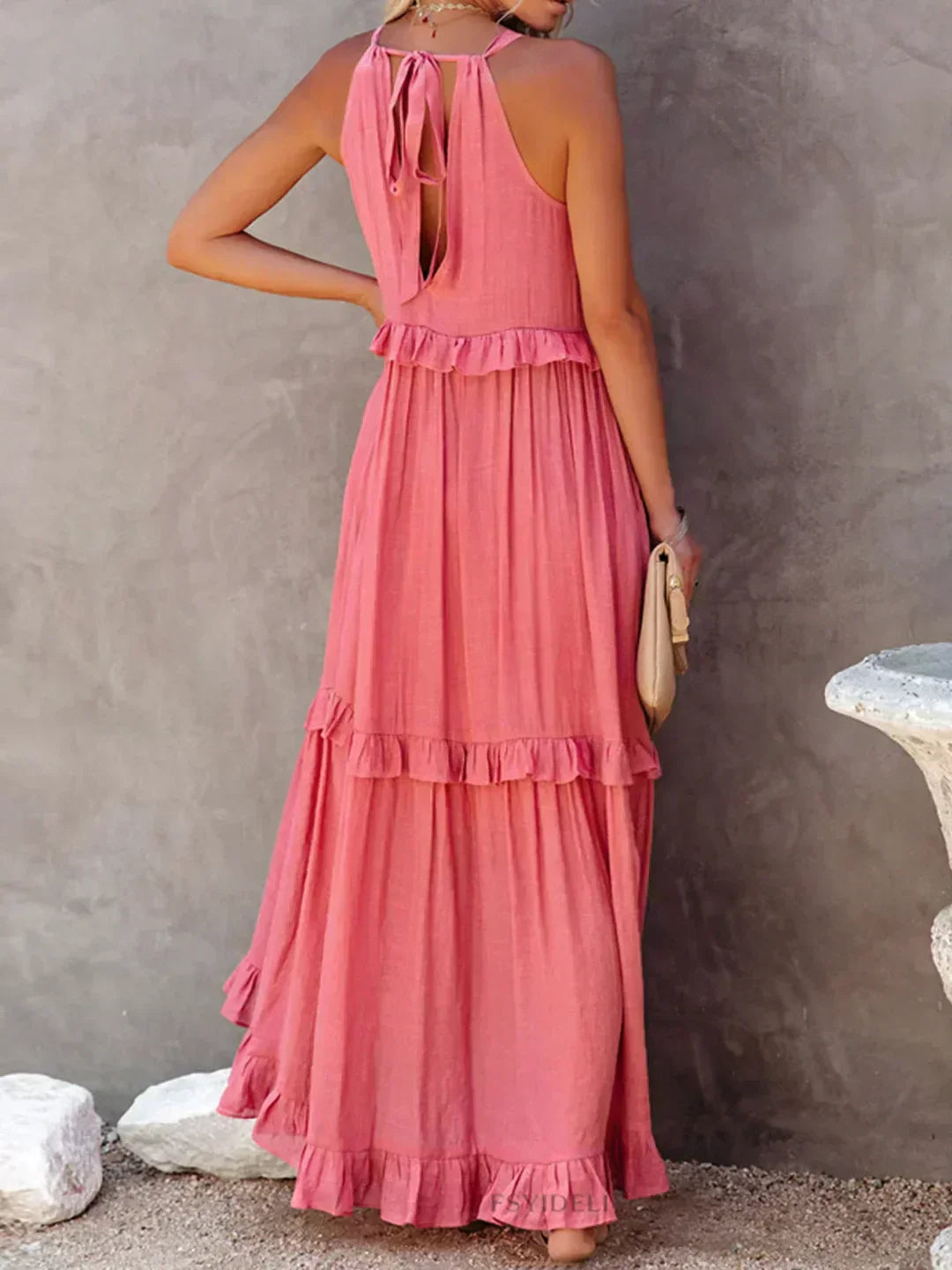 Back view of the pink Kiersten sleeveless maxi dress with keyhole tie back