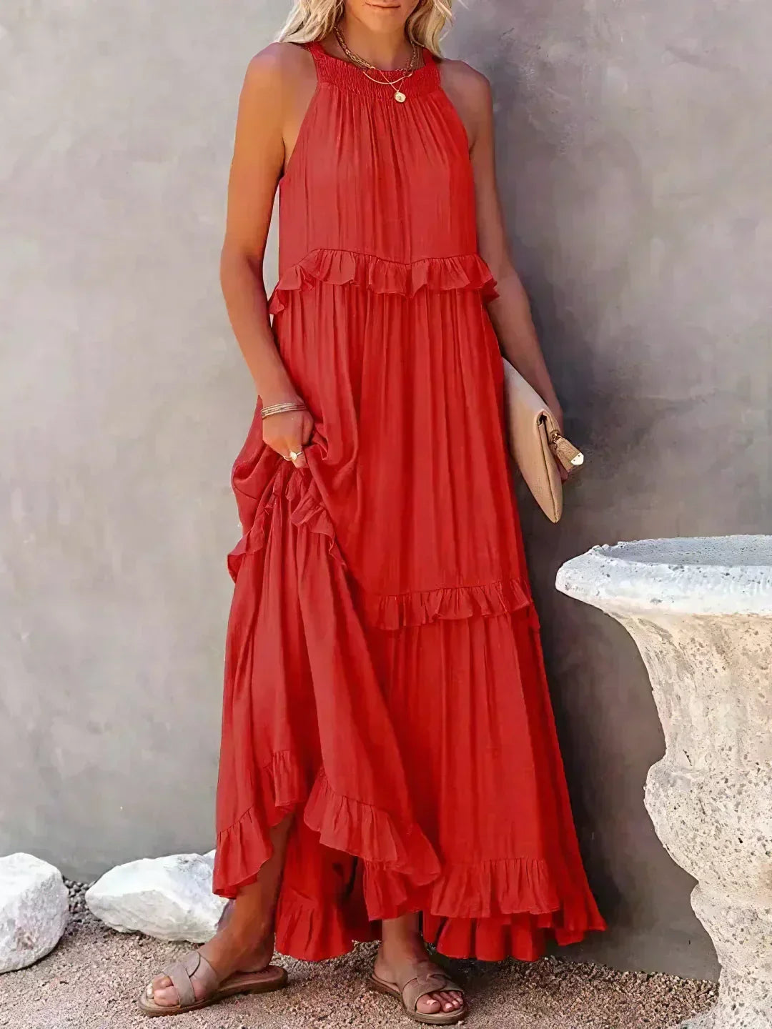 Kiersten women's sleeveless maxi dress in red, front view of the tiered ruffle skirt