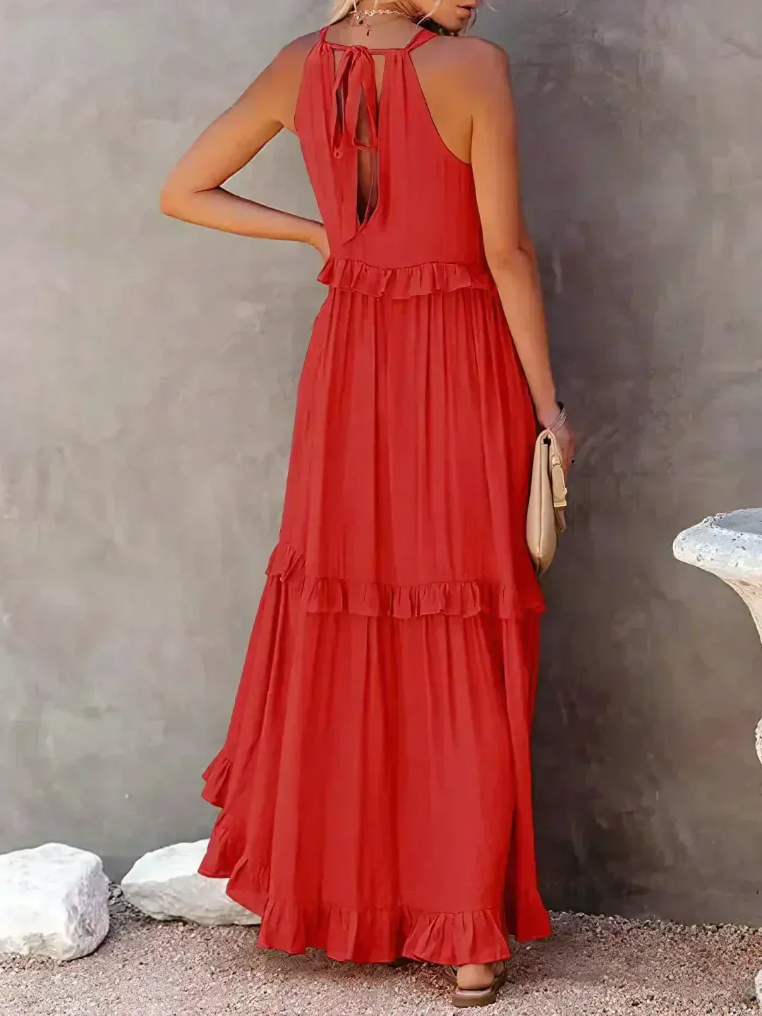 Back view of the red Kiersten sleeveless maxi dress with keyhole tie back
