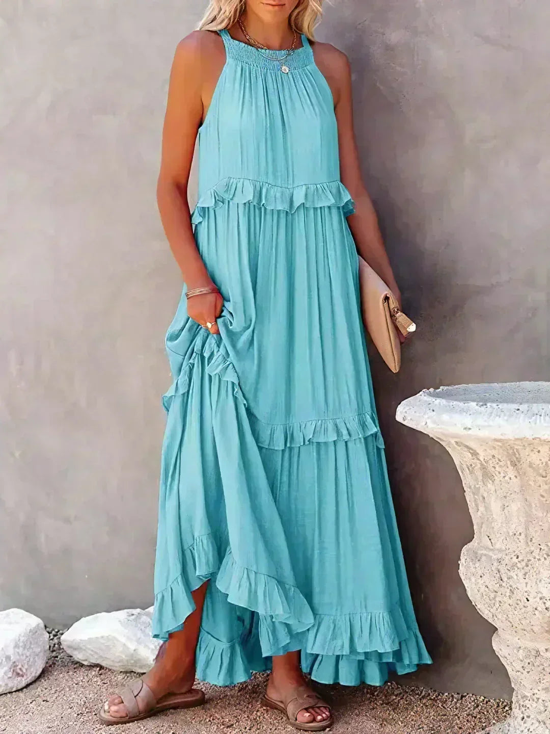 Kiersten sleeveless maxi dress in sky blue, front view of the ruffled tiered skirt