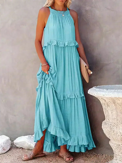 Kiersten sleeveless maxi dress in sky blue, front view of the ruffled tiered skirt
