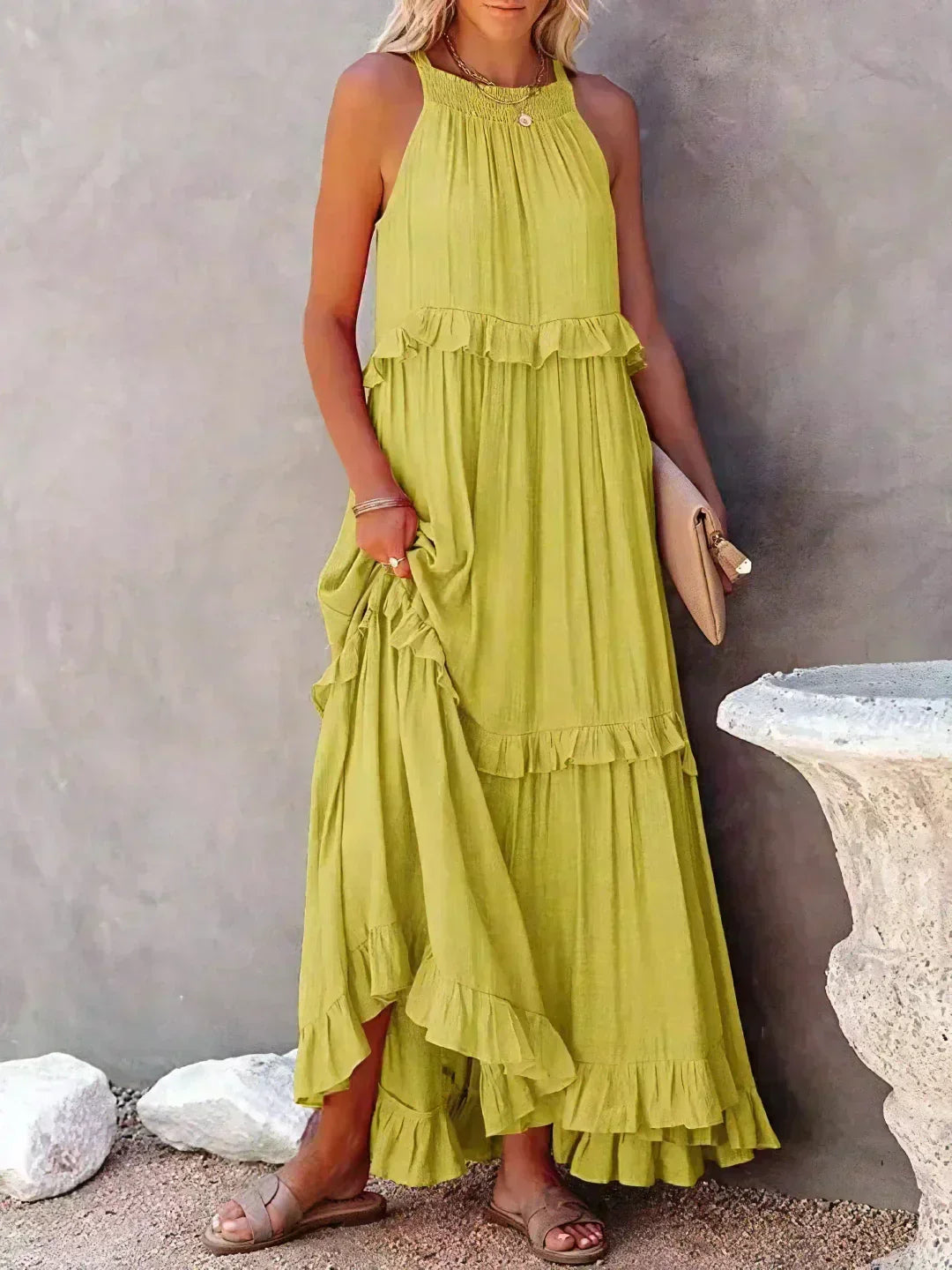 Kiersten sleeveless maxi dress in yellow, front view showing the halter neckline