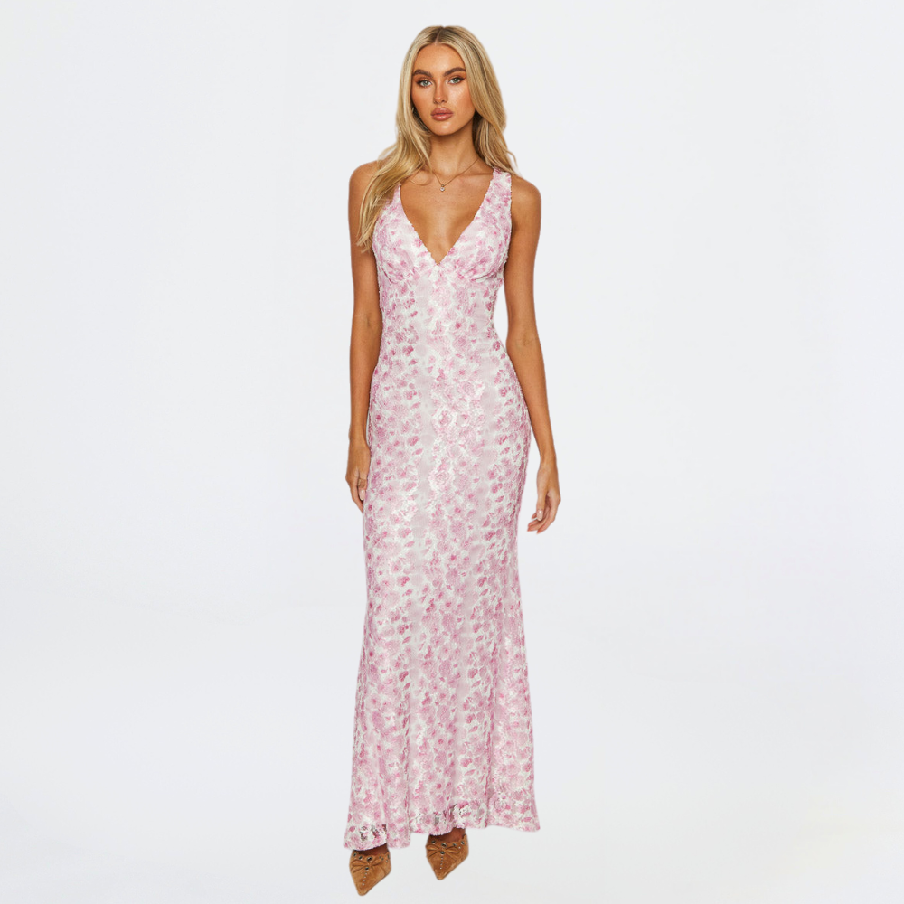 Florine women's sleeveless open back maxi dress in pink floral, studio front view