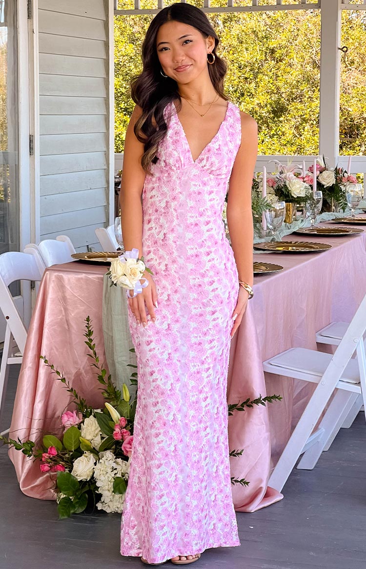 Pink Florine sleeveless maxi dress worn to an event, full length front view
