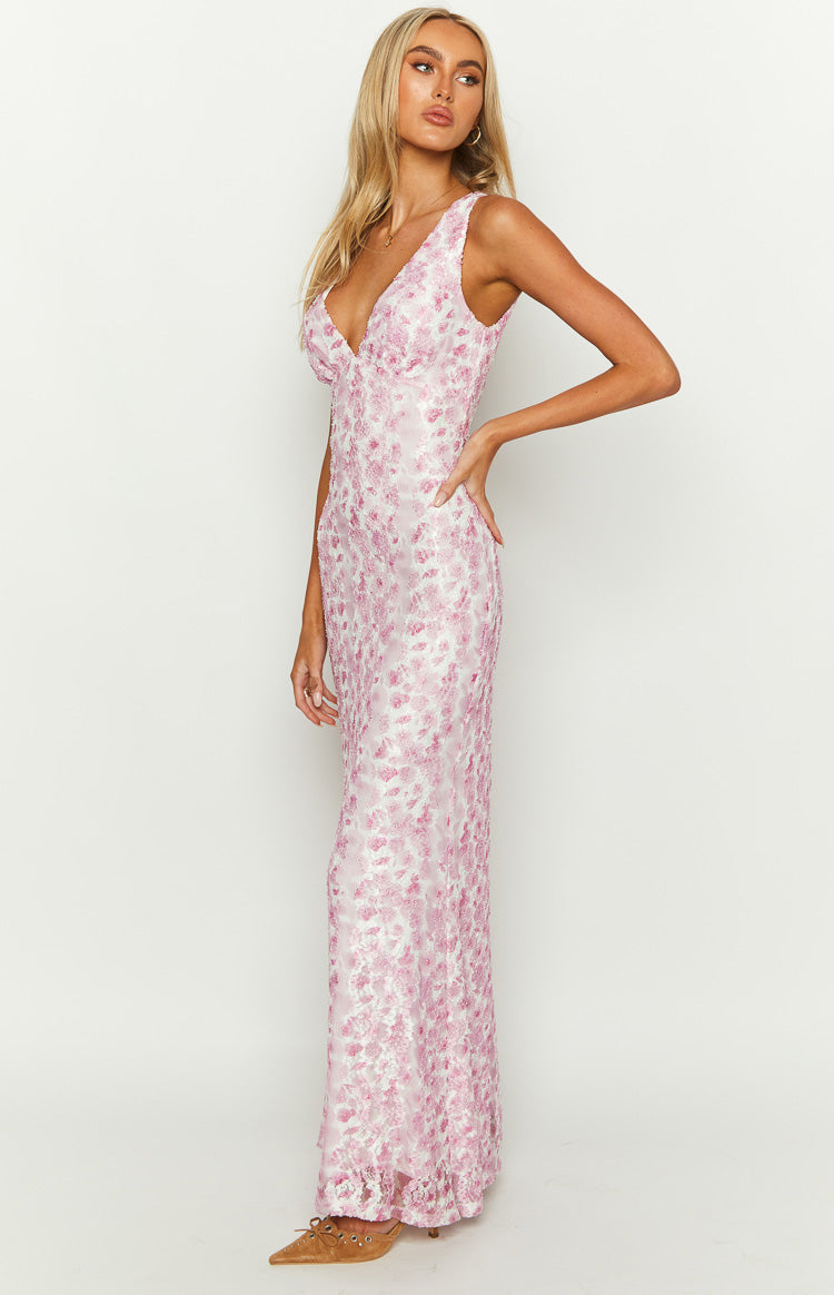 Side view of the pink Florine sleeveless maxi dress showing the body-skimming fit