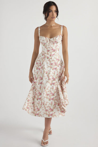 Ebba women's sleeveless summer midi dress in ivory rose floral print, front view