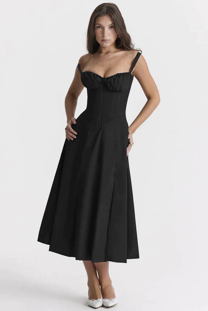Ebba women's sleeveless summer midi dress in black, alternate front view on model