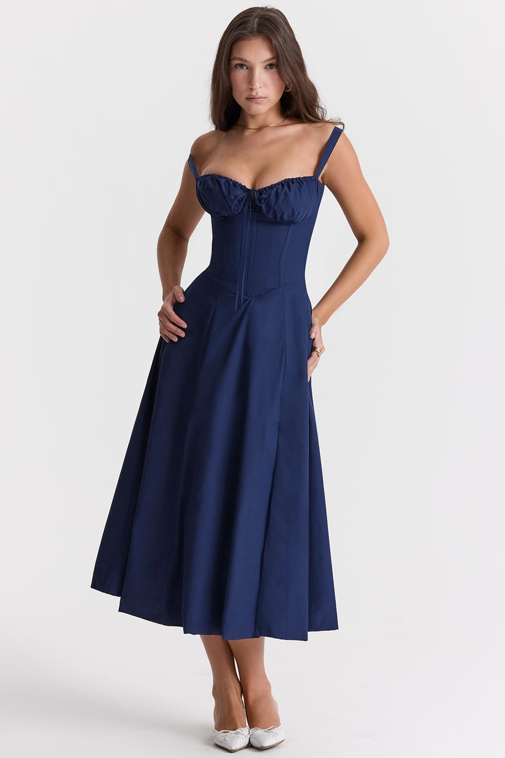 Ebba women's sleeveless summer midi dress in navy blue, front view on model