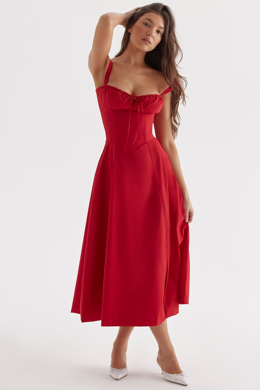 Ebba women's sleeveless summer midi dress in solid red, front view on model