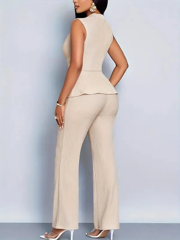 Luna women's sleeveless peplum top and trousers set in beige, back view