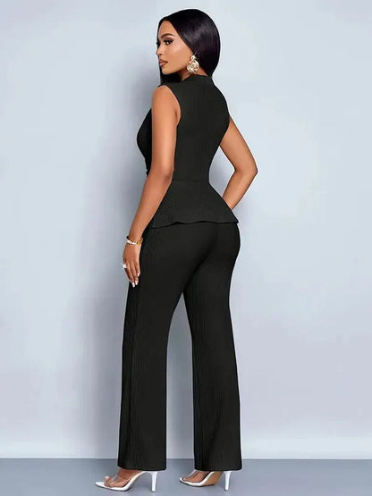 Luna women's sleeveless peplum top and trousers set in black, back view