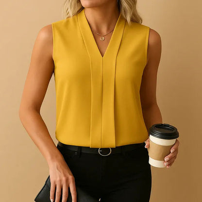 Yellow Sabine women's sleeveless V-neck blouse, front view with pleated placket