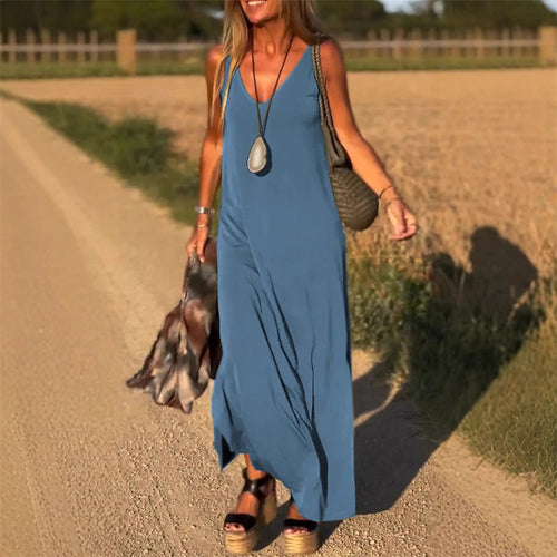 Kalina women's sleeveless V-neck side slit maxi dress in blue, full length front view