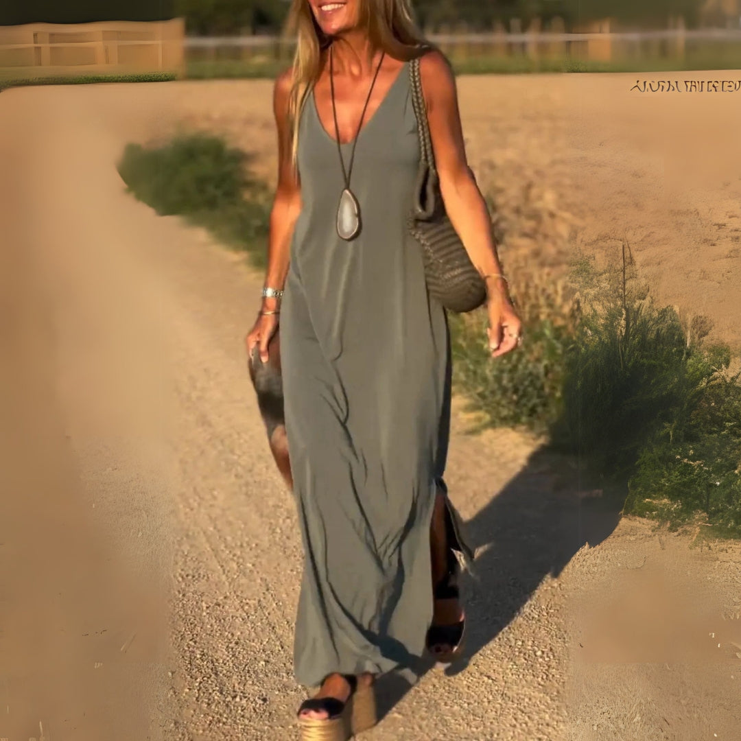 Kalina women's sleeveless V-neck side slit maxi dress in green, front view on model