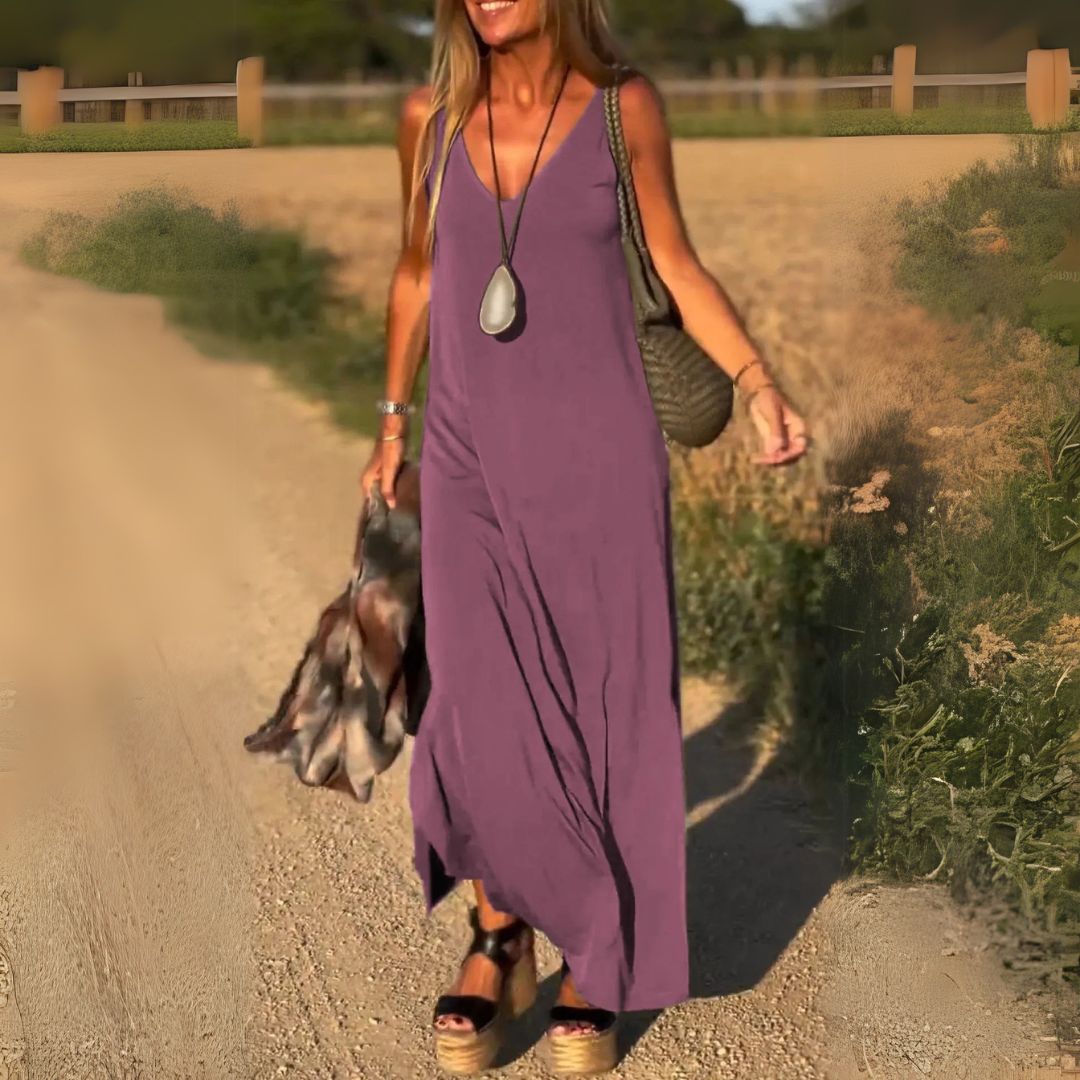 Purple Kalina sleeveless V-neck maxi dress with side slit, front view on model