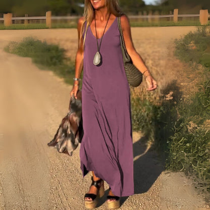 Purple Kalina sleeveless V-neck maxi dress with side slit, front view on model