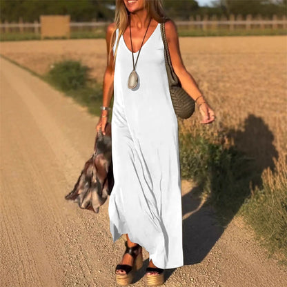 White Kalina women's sleeveless V-neck side slit maxi dress, full length front view