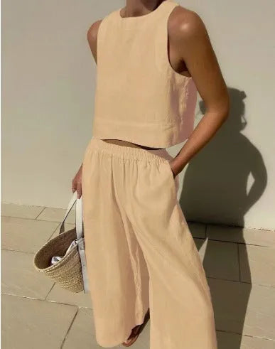 Mireia sleeveless linen tank and wide leg trousers set in beige apricot, front
