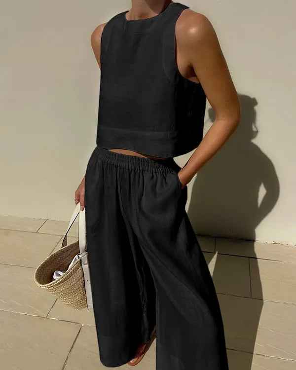 Mireia sleeveless linen tank and wide leg trousers set in black, front view