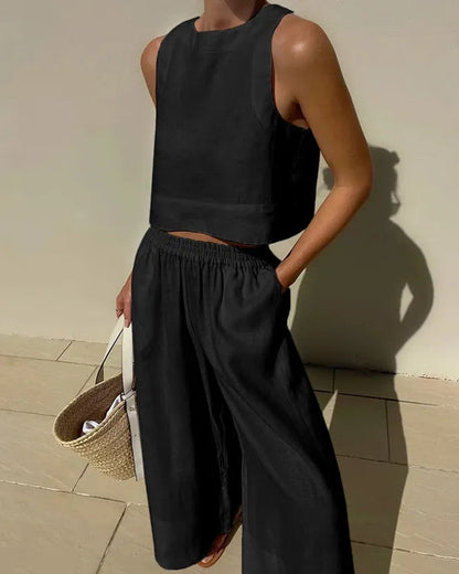 Mireia sleeveless linen tank and wide leg trousers set in black, front view