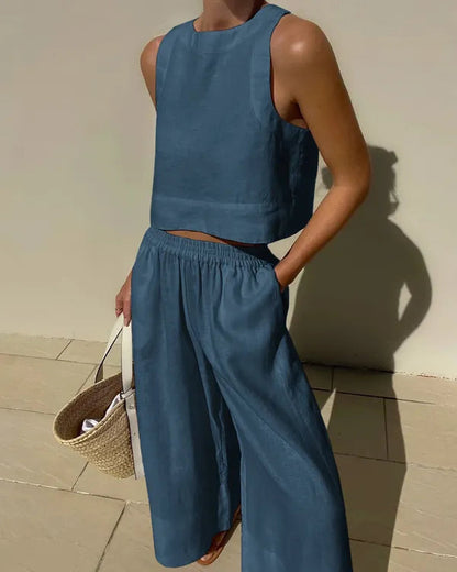 Mireia sleeveless linen tank and wide leg trousers set in denim blue, front