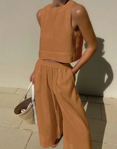 Mireia sleeveless linen tank and wide leg trousers set in rust brown, front