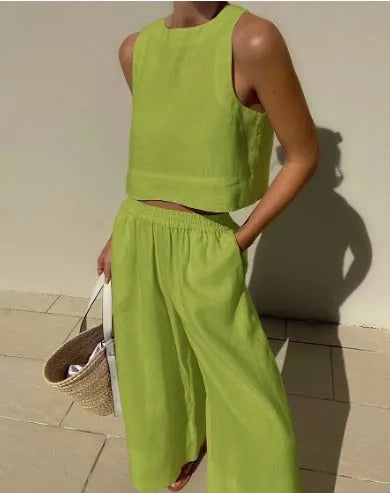 Mireia sleeveless linen tank and wide leg trousers set in lime green, front