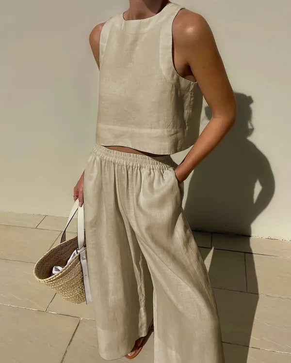 Mireia sleeveless linen tank and wide leg trousers set in khaki oatmeal, front
