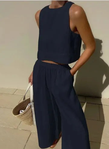 Mireia sleeveless linen tank and wide leg trousers set in navy blue, front