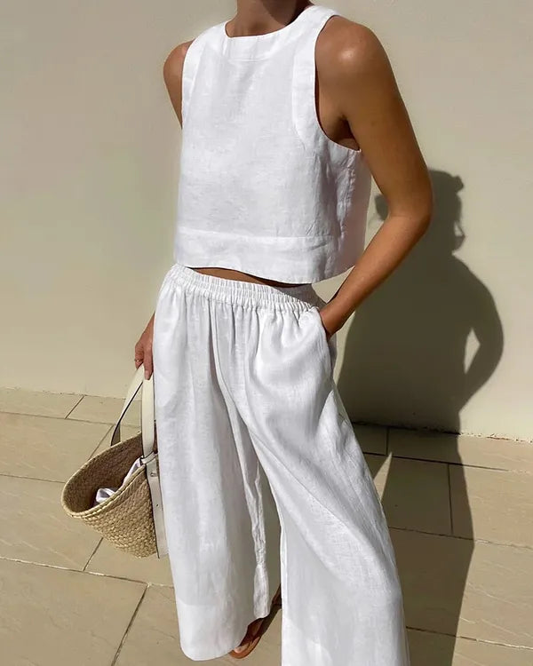 Mireia sleeveless linen tank and wide leg trousers set in white, front view