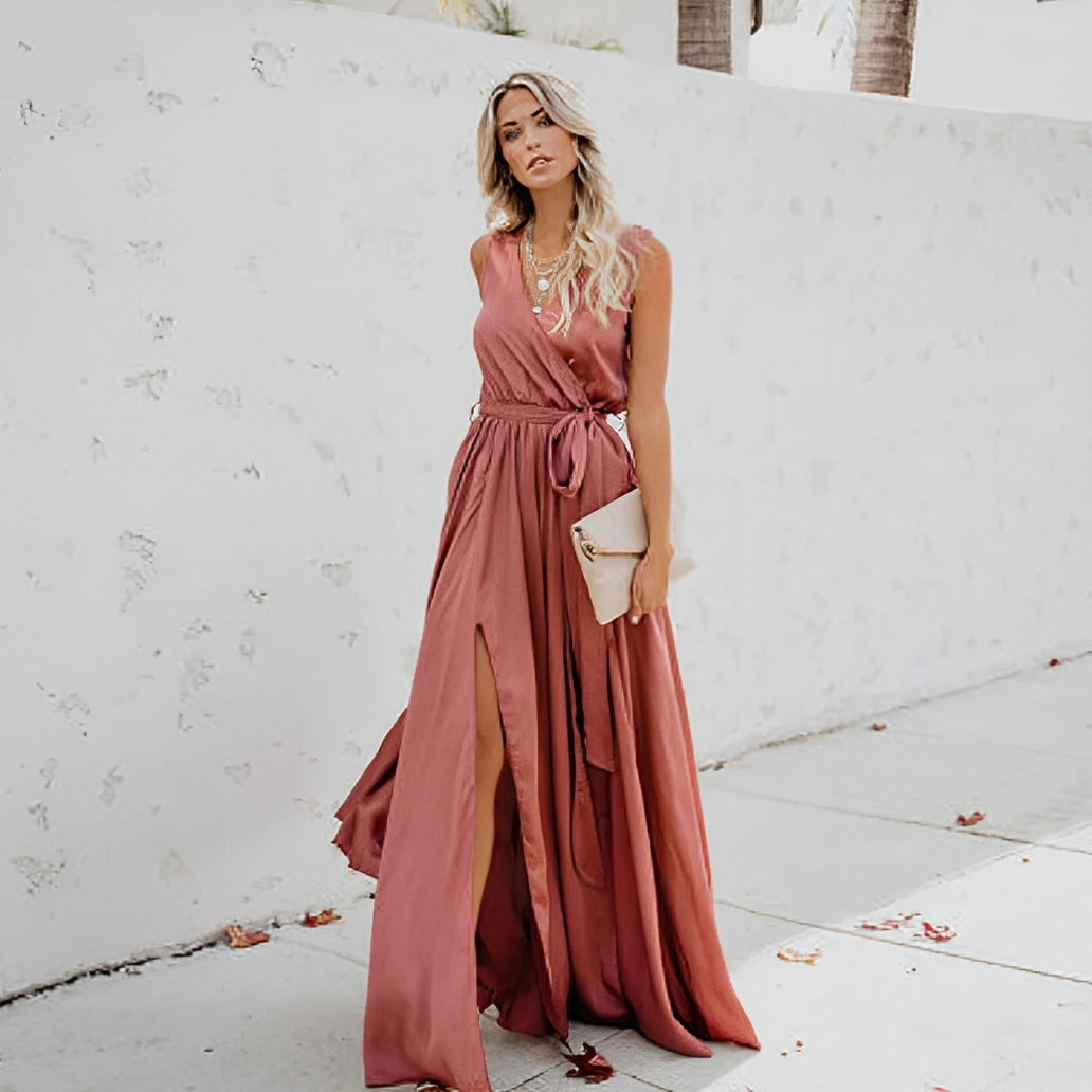 Pink Chloe wrap maxi dress with tie belt and front slit, full length front view