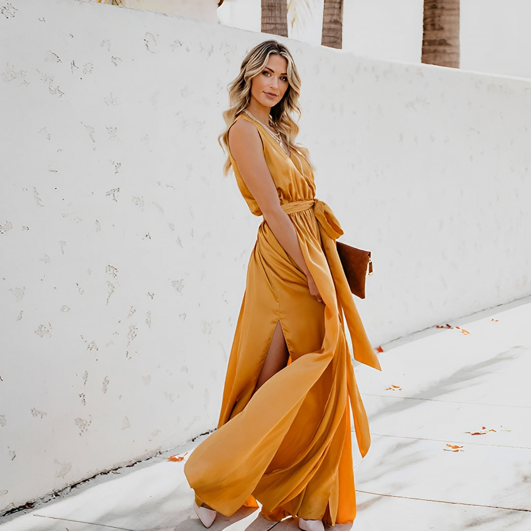 Chloe women's sleeveless wrap maxi dress in mustard yellow, front view with high slit