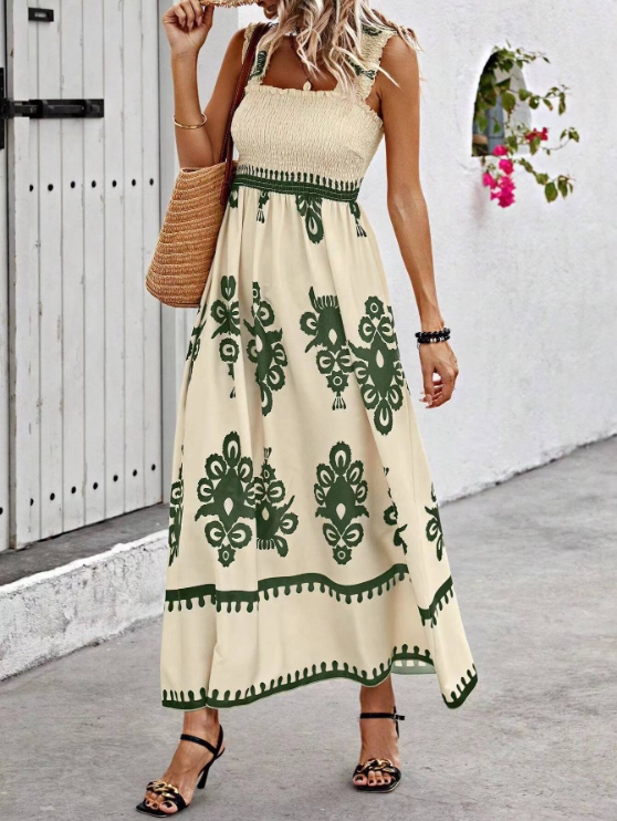 Lilias women's smocked printed maxi dress with light green baroque print, front view