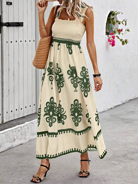 Lilias women's smocked printed maxi dress with light green baroque print, front view