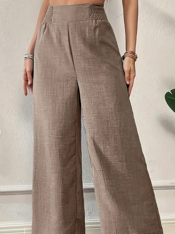 Elsie Women's Smocked Waist Wide Leg Pants in khaki taupe, cropped front view