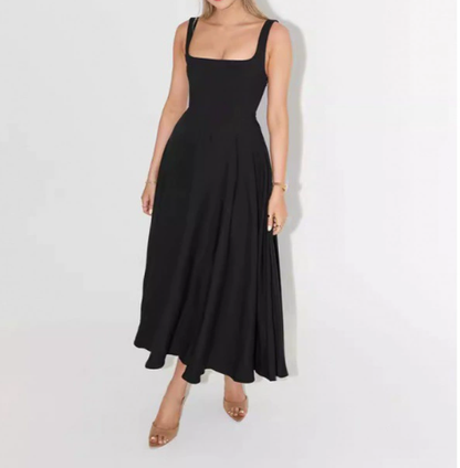 Lumi women's straight neckline midi dress in black, front view on model in studio
