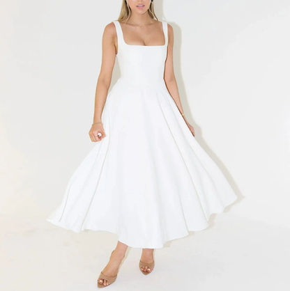Lumi women's straight neckline midi dress in white, front view on model in studio