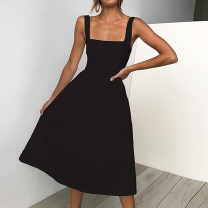 Flavia women's straight neckline sleeveless midi dress in black, front view on model