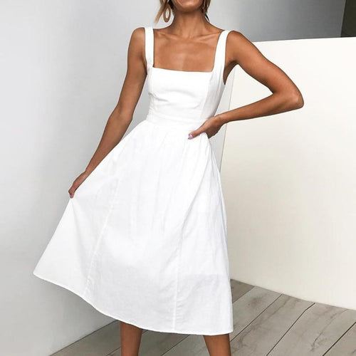 Flavia women's straight neckline sleeveless midi dress in white, front view on model