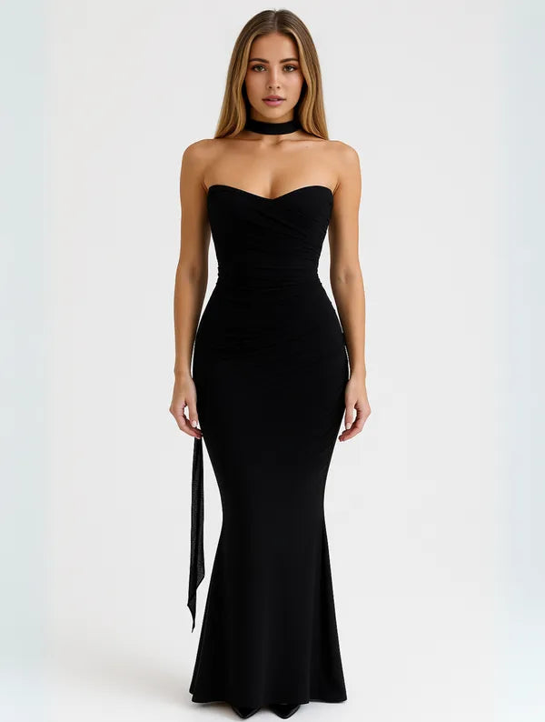 Anya strapless choker maxi dress in black, full length front view with fishtail hem