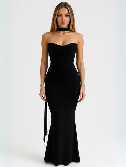 Anya strapless choker maxi dress in black, full length front view with fishtail hem